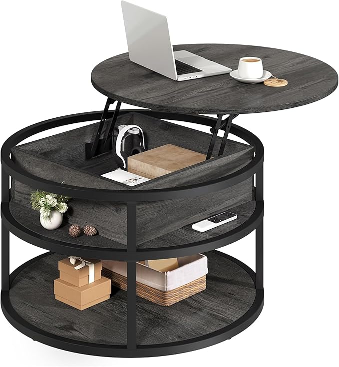 YITAHOME Round Lift Top Coffee Tables for Living Room, Farmhouse Coffee Table with Storage and Hidden Compartment, 2 Tier Modern Large Coffee Table Round Dining Table, Dark Grey