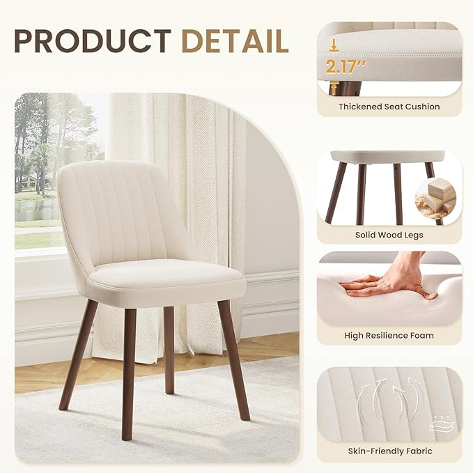 Upholstered Dining Chairs Set of 6, Modern Fabric Kitchen Chairs with Back, Wood Legs for Kitchen Dining Room Restaurant, Beige