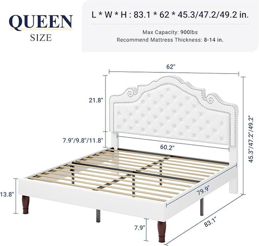 Allewie Queen Bed Frame with Adjustable Velvet Tiara Headboard, Upholstered Diamond Button Tufted Platform Bed, Wood Slats Support, No Box Spring Needed, Mattress Foundation, Easy Assembly, White