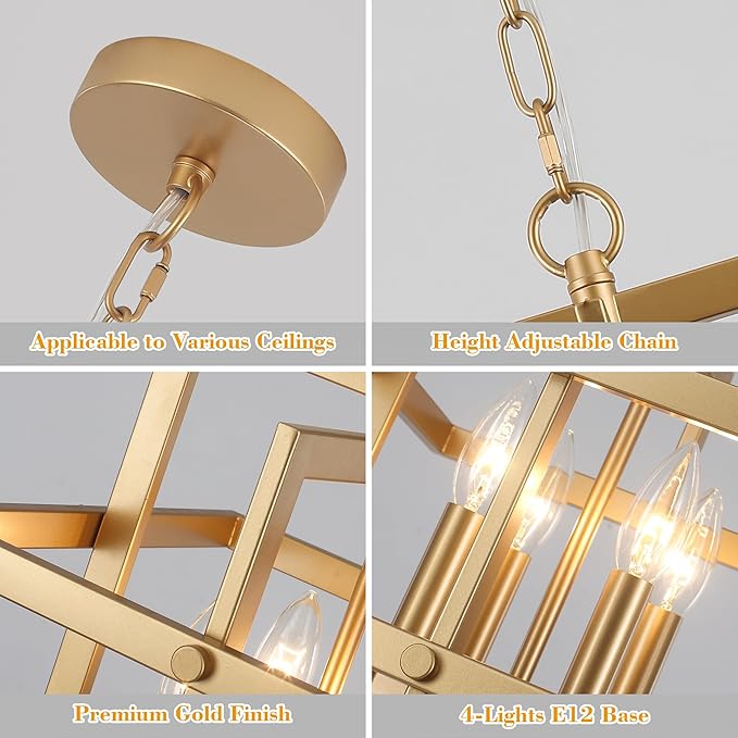 Gold Farmhouse Chandelier Modern Industrial Pendant Light Fixtures Brass Geometric Chandeliers for Dining Room Kitchen Island Entryway Foyer Bedroom Height Adjustable 4-Lights