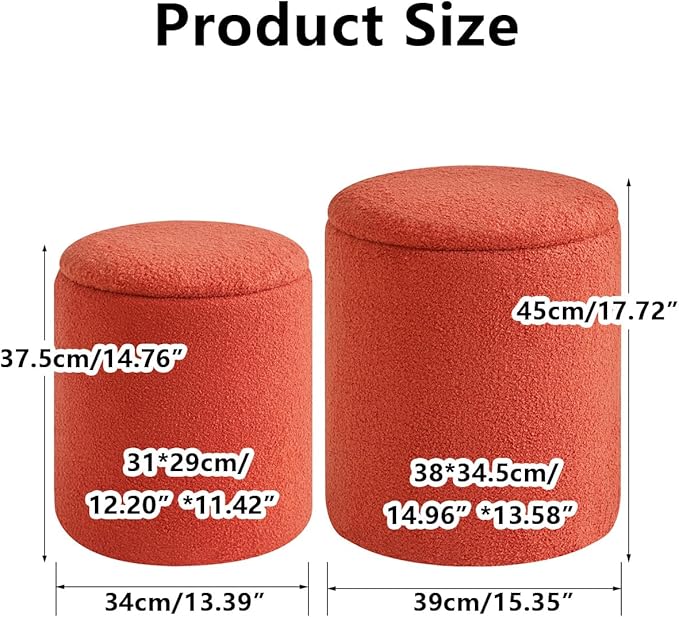 IBUYKE Storage Ottoman Set of 2 Round Ottoman Fleece Vanity Stool with Storage Velvet Footrest Stool End Table Boucle Ottoman for Home Organization UWBD015J