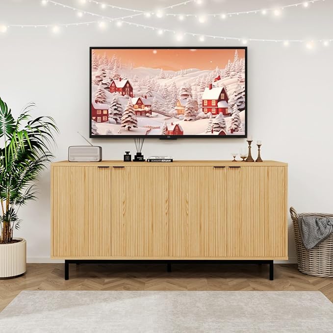 MUUEGM Buffet Cabinet with Storage, 58" Fluted Sideboard Kitchen Storage Cabinets with Shelves and 4 Doors, Modern Wood buffets & Sideboards for Dinging Room, Living Room, Natural Storage Cabinet