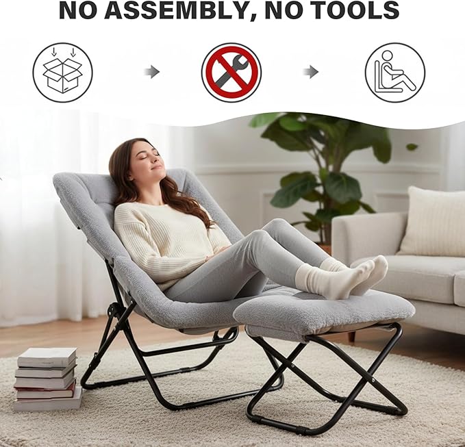 Tiita Folded Chair with Straight Ottoman, Soft Faux Fur Oversized Folding Accent Chair,Lazy Chair, Metal Frame Moon Chair for Bedroom, Living Room, Dorm Rooms, Garden and Courtyard, Grey