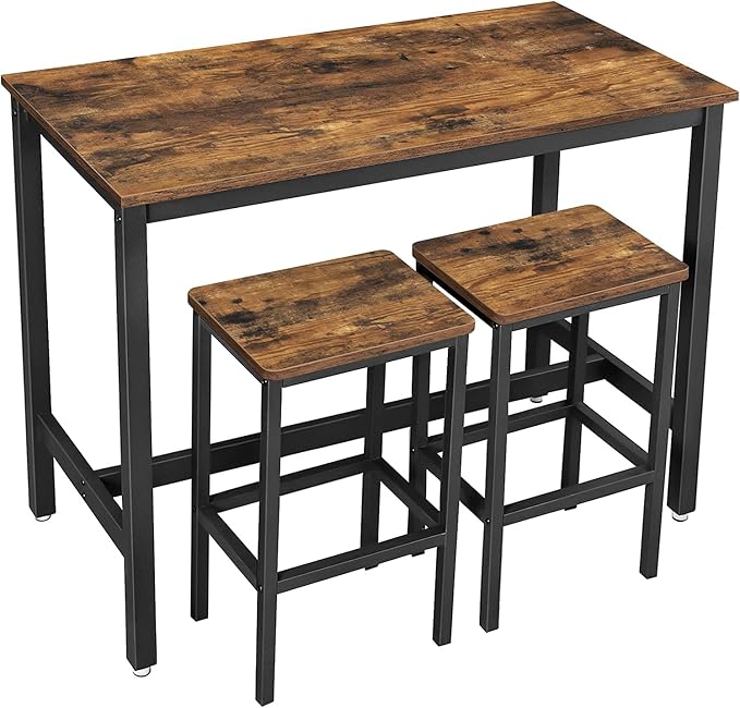 VASAGLE Bar Table and Chairs Set, Rectangular Table with 2 Stools, Dining Pub Set for 2, Space Saving for Kitchen Breakfast, Living Room, Party Room, Rustic Brown and Black ULBT15X