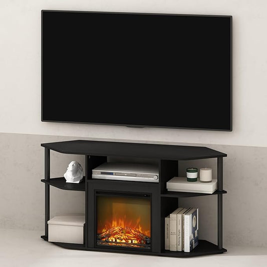 Furinno Jensen Fireplace TV Stand, NO Heat Decorative Electric Fireplace Corner Open Shelf TV Stand for TV up to 55 Inch, for Living Room, Dark Americano