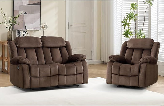 EBELLO Manual Reclining Sofa Set, Classic Recliner Sofa with Overstuffed Arms and Backrest, Include 1 Recliner Chair, 1 Loveseat Couch, Brown