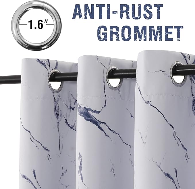 H.VERSAILTEX 100% Blackout Curtains 96 inch Length 2 Panels Set Marble Designs Printed Drapes Thermal Curtains for Bedroom with Black Liner Sound Proof Curtains, Dark Blue