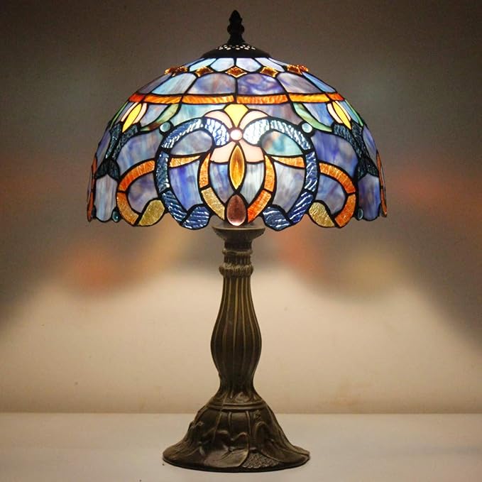 WERFACTORY Tiffany Lamp Blue Purple Stained Glass Style Table Lamp Reading Desk Light 12X12X18 Inches Decor Bedroom Living Room Home Office S558 Series