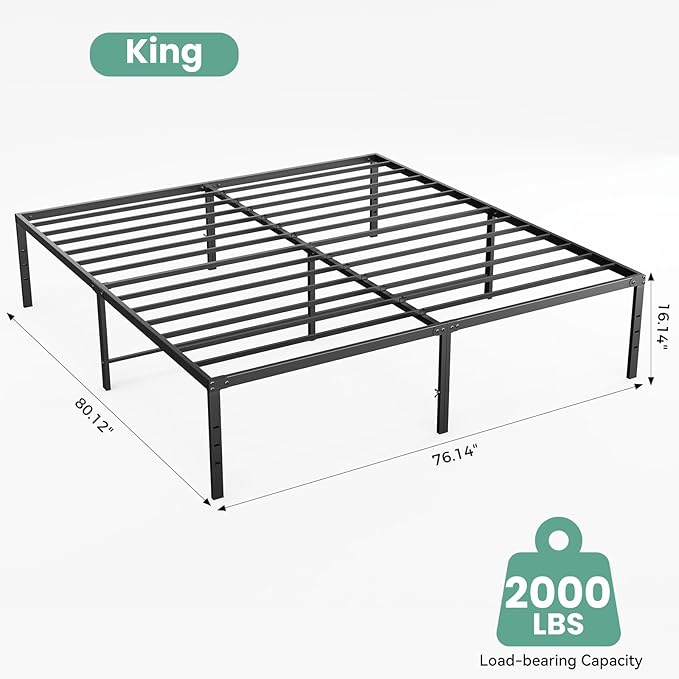 Sweetcrispy King Size 16 Inch Platform Bed Frame, Heavy Duty Metal Foundation Frame, Noise-Free Sturdy Steel Slats, Underbed Storage, No Box Spring Needed, Quick Setup