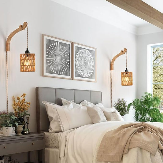Plug in Wall Sconce,Farmhouse Wicker Wall Lamp Plug in,Hand Woven Rattan Wall Light Farmhouse Rustic Boho Sconces Wall Lighting for Living Room Bedroom