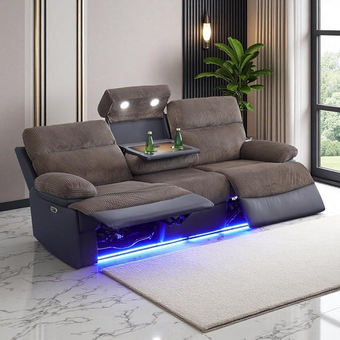 Power Recliner Sofa Couch with LED, Corduroy & Breathing Leather Reclining Couch, Living Room Furniture Sets, Reclining Sofa with Cup Holders/Charging/Lights for Home/Office, Brown (3 Seater)
