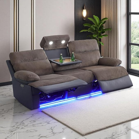 Power Recliner Sofa Couch with LED, Corduroy & Breathing Leather Reclining Couch, Living Room Furniture Sets, Reclining Sofa with Cup Holders/Charging/Lights for Home/Office, Brown (3 Seater)
