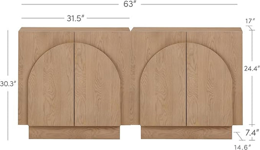 Nathan James Iris Mid-Century Modern Credenza, Brown TV Stand, Living Room Wood Storage Cabinet with Arched Cabinet Doors, Raw Oak, Set of 2