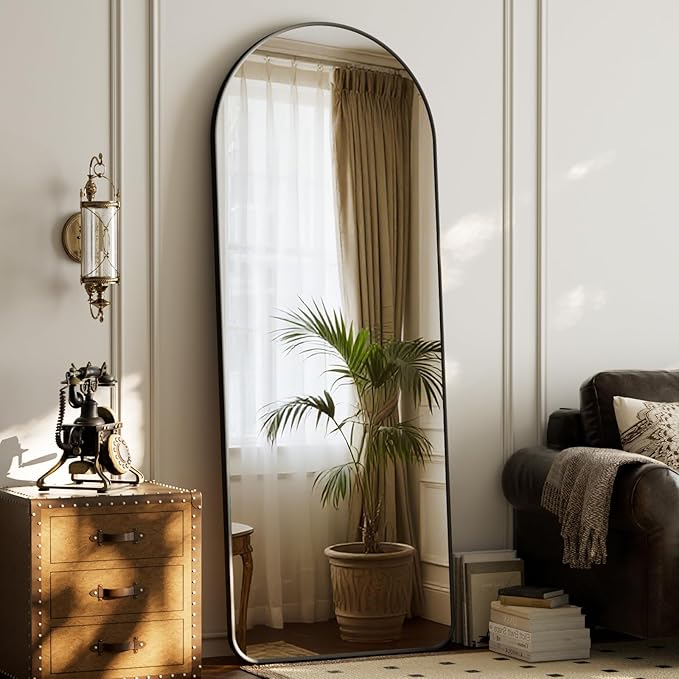 HARRITPURE Arched Full Length Mirror - 64"x21" Large Floor Standing Mirror, Aluminum Frame Full Body Mirrors with Stand for Bedroom/Living Room Wall Mounted, Black