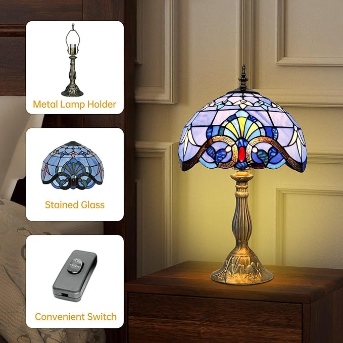 YingJu Tiffany Lamp,Blue Stained Glass Lamp,12X12X19 Inches Vintage Table Lamp for Bedroom,Living Room,Home Office（Including 2 LED Bulbs）