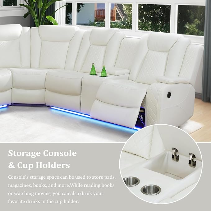 Power Reclinier Sectional Sofa Set,White Leather Reclining Sectional Modular Couch Set,L Shaped Leather Couch with LED Light for Living Room/House/Apartment/Lounge(L+3 Seats Sofa)