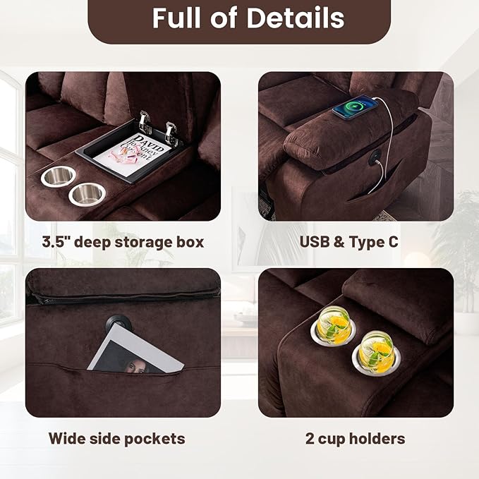 Velvet Power Recliner Sofa Living Room Set, Electric Loveseat Reclining Sofa Couch Set with Massage & Heat/Console/Cup Holder/USB & Type C, Modern Living Room Furniture Sofa Set (Brown)