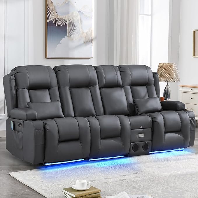 IPKIG Power Recliner Sofa with Flip-Up Backrest Console, USB & USB-C Ports, AC Outlet, LED Lights, Wall Hugger Recliners for Living Room, RV (PU Grey, 89" - 4 Seat) | Faux Leather, Zero Gravity, Dual Reclining, 2 Lumabr Pillow, Bluetooth Speakers