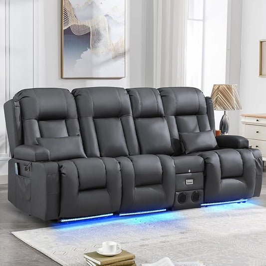 IPKIG Power Recliner Sofa with Flip-Up Backrest Console, USB & USB-C Ports, AC Outlet, LED Lights, Wall Hugger Recliners for Living Room, RV (PU Grey, 89" - 4 Seat) | Faux Leather, Zero Gravity, Dual Reclining, 2 Lumabr Pillow, Bluetooth Speakers