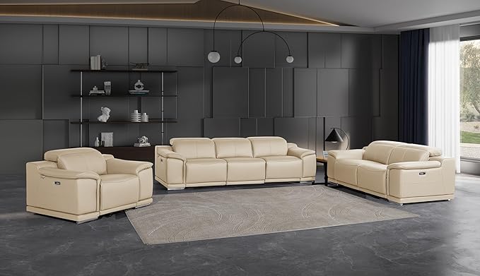 BlackJack Furniture Venice Top Grain Italian Leather 6 Power Recliner Seaters 3 Piece Sofa Set with Adjustable Headrests Modern Luxury Seating Sofa, Loveseat and Chair for Living Room Lounge, Beige
