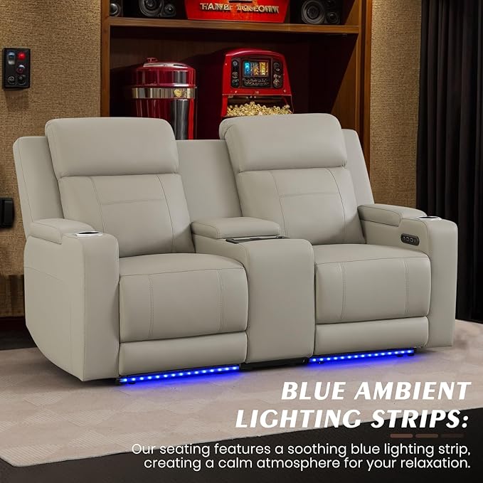 Dual Motor Power Reclining Loveseat with Wireless Charge, Power Loveseat Recliner Sofa with Adjustable Headrest/LED Light/Armrest Storage, Wall Hugger Couches for Living Room (Grey, 2 Seater)