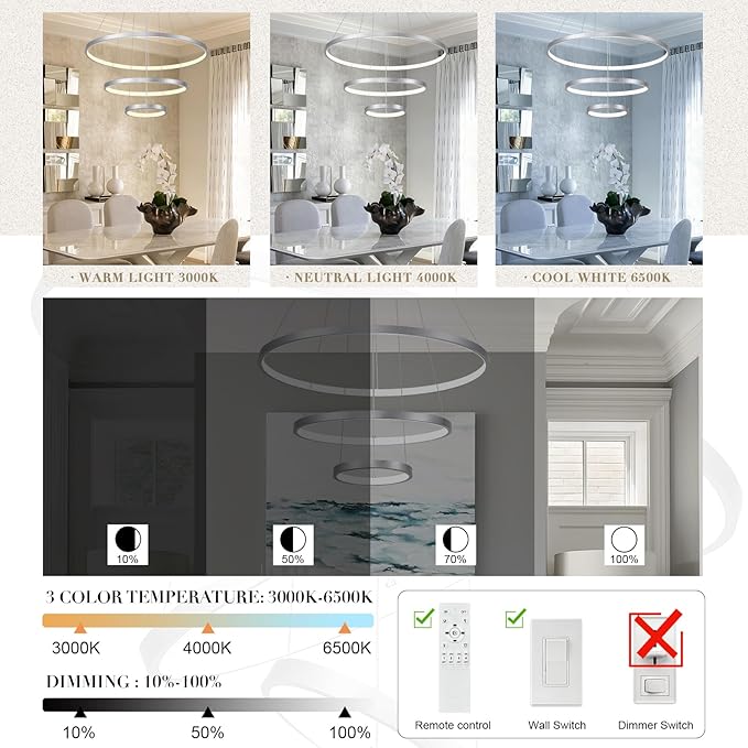 Modern Silver LED Chandeliers 3 Rings Chandelier 23.6" Dimmable LED Pendant Light Fixture Remote Control Contemporary Flush Mount Chandelier for Dining Room Bedroom Foyer, 3000-6500K