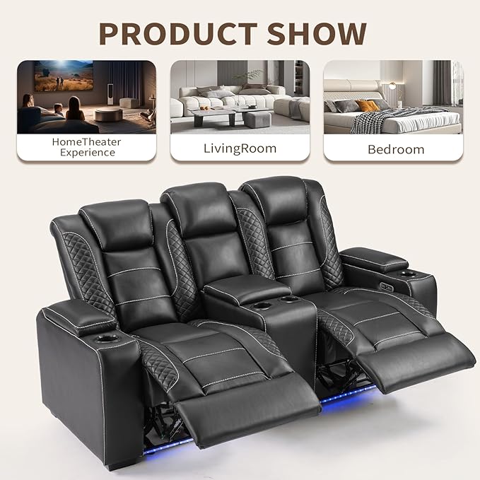 ANJ Power Reclining Loveseat with Center Console, 2-Seater Electric Recliner Sofa with LED Lights & USB & Storage, Faux Leather Living Room Furniture for Home Theater, Small Spaces & RV (Black)