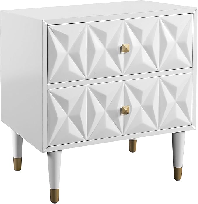 Linon Home Décor Sheerah Two Drawer Geo Texture White Nightstand, Gold