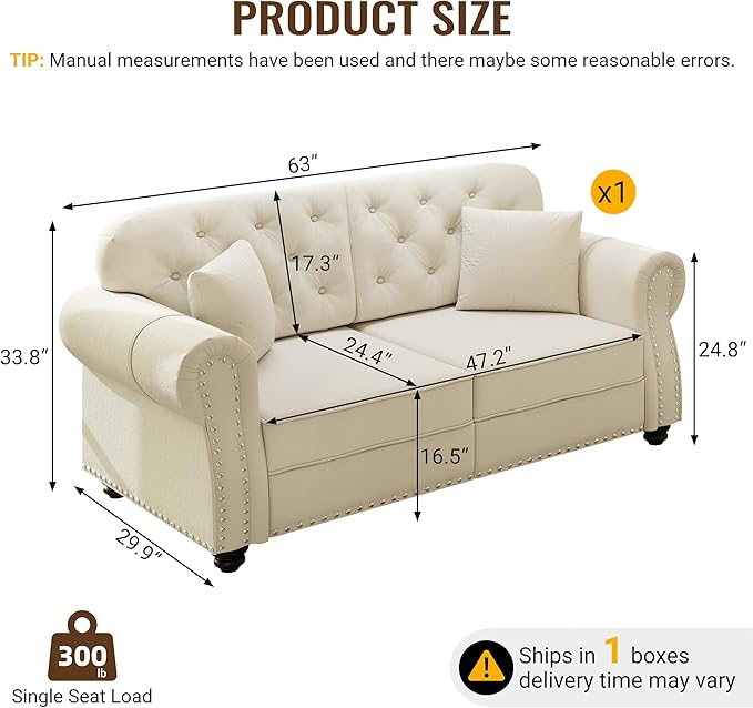 KEIKI 63" Velvet Chesterfield Sofa with Rolled Arms & Nailhead Trim, Modern Upholstered 2-Seater Button Tufted Couch with High Resilience Cushion & 2 Pillow, Easy Assembly, for Living Room, White