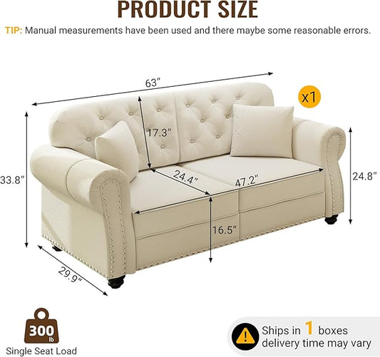 KEIKI 63" Velvet Chesterfield Sofa with Rolled Arms & Nailhead Trim, Modern Upholstered 2-Seater Button Tufted Couch with High Resilience Cushion & 2 Pillow, Easy Assembly, for Living Room, White