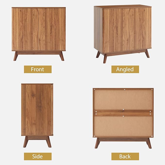 Fluted Storage Cabinet with 2 Doors and Adjustable Shelves, Mid Century Modern Credenza Sideboard Buffet Cabinet with Storage, Kitchen Sideboard for Dining Room Hallway Entryway Living Room - Walnut
