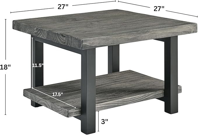 Alaterre Furniture Pomona Living Room Collection – 27 Inch Square Solid Wood Coffee Table with Metal Legs – Modern Rustic Industrial Small Space Table (Slate Grey)