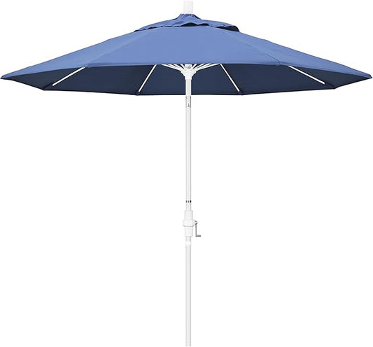 California Umbrella 9' Round Aluminum Pole Fiberglass Rib Patio Umbrella, Crank Lift, Collar Tilt, White Finish, Frost Blue Olefin
