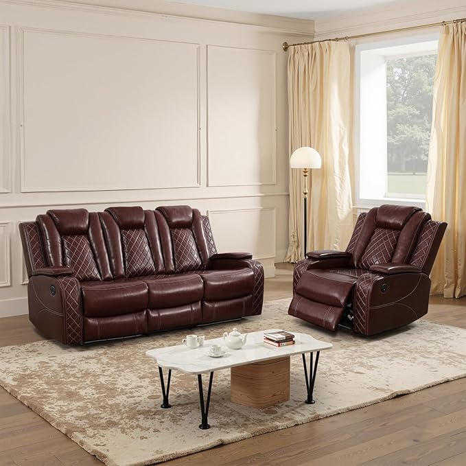 Breathing Leather Power Recliner Sofa Set, 2 Piece Leather Couch and Recliner Chair Set, Living Room Furniture Set with USB Charging/LED Lights (Auburn, Sofa+Chair)
