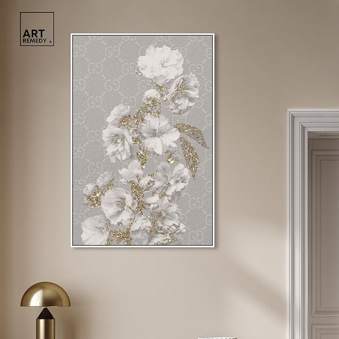 Art Remedy Floral in Classic Fashion Canvas Delicate Farmhouse Wall Art, White Frame, 30" x 45"