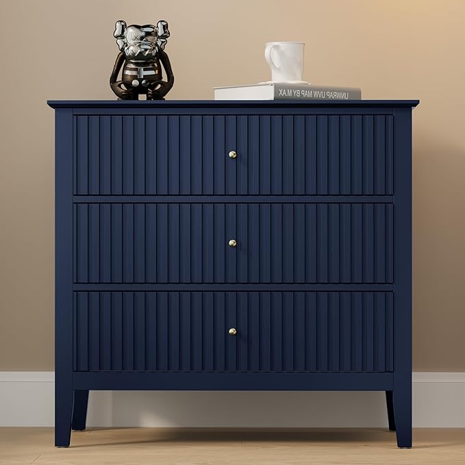 Large Blue 3-Drawer Dresser, 30 Inch Tall Painted Wood Nightstand with Storage, Wide Modern Chest of Drawers with Ball Bearing Slide for Bedroom Hallway Living Room Entryway Office
