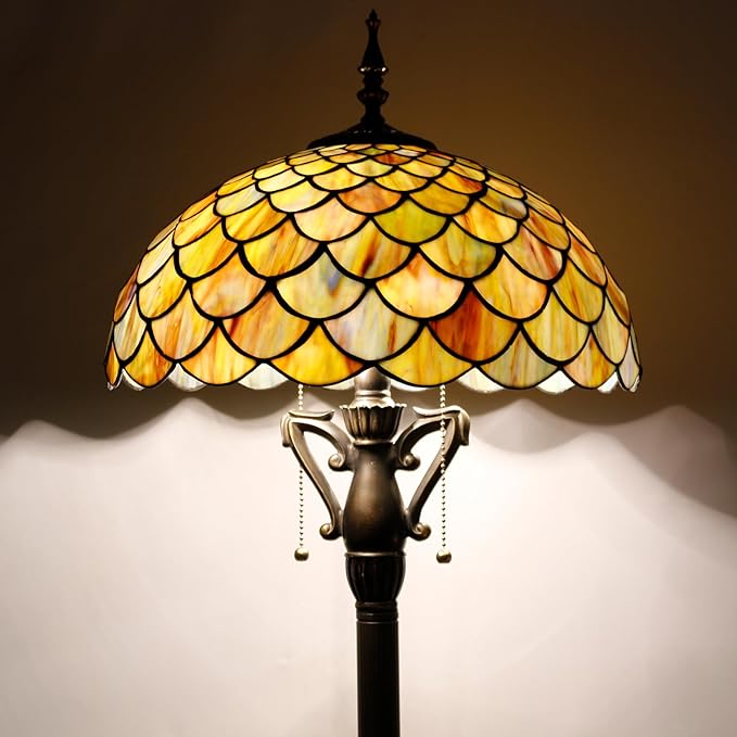 Tiffany Floor Lamp Brown Fish Scales Stained Glass Standing Reading Light 16X16X64 Inches Antique Pole Corner Lamp Decor Bedroom Living Room