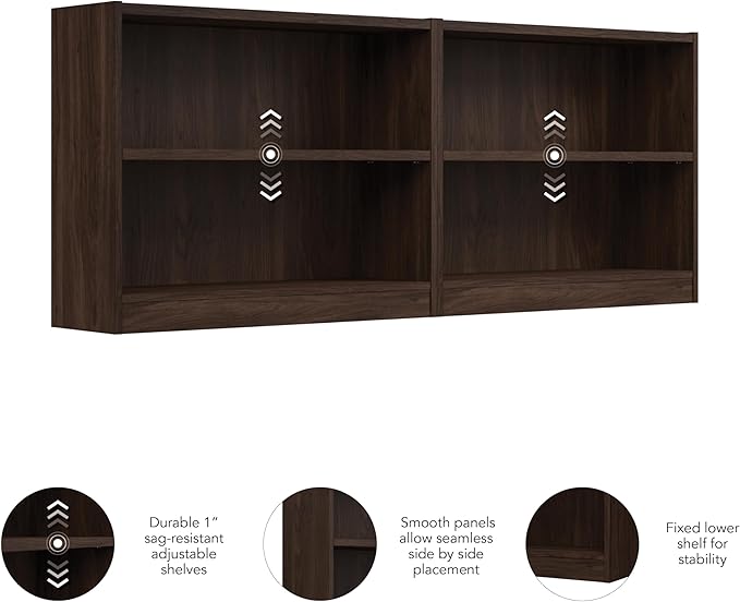 Bush Home Universal Small 2 Shelf Bookcase in Black Walnut - Set of 2, Matching Storage and Display Bookshelves for Home Office or Living Room Organization