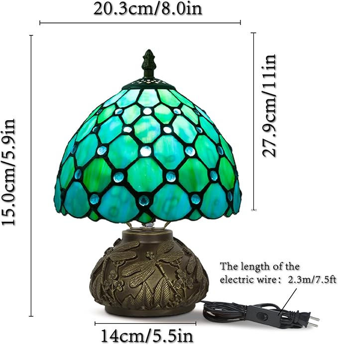 JHuiLap Small Tiffany Stained Glass Lamp, 3 Color Temperatures Bedside Lamp, 8 Inch Blue Pearl Beads Style Mushroom Desk Light for Bedroom Living Room Office Home Decor (Blue)