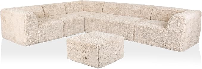 Furniture of America Havyn Modern Faux Fur 7-Seater L-Shaped Modular Foam Sectional Sofa with Ottoman, Compressed Couch in a Box, No Assembly Required, for Living Room and Office, Sand