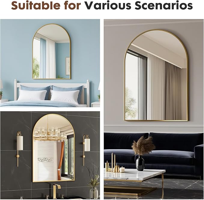 Arched Wall-Mounted Mirror, 26"x38" Arch Bathroom Mirror, Gold Vanity Mirror for Wall Décor, Wall Mirror with Metal Frame for Bedroom, Entryway, Living Room, Brushed Gold