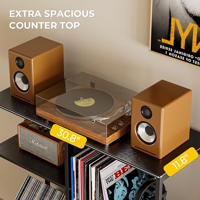 Record Player Stand with LED Light, Turntable Stand with Vinyl Storage - Up to 300+ Albums, 3-Tier Record Player Table Cabinet, Adjustable Shelf & V-Shaped Holder, Vinyl Display Shelf for Living Room