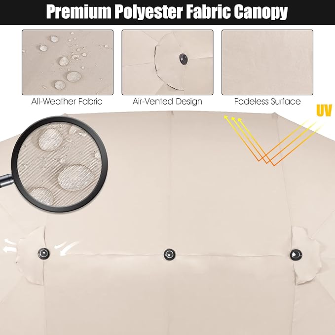 Tangkula 15Ft Double-Sided Patio Umbrella, Outdoor Extra Large Umbrella W/Hand-Crank System & Air Vents, Market Twin Umbrella W/ 12-Rib Sturdy Metal Frame for Poolside, Garden Backyard (Beige)