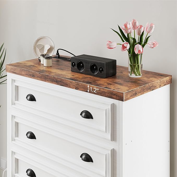 LIKIMIO 5-Drawer 43" Tall Dresser with Built-in Charging Station - Farmhouse Style Bedroom Storage Cabinet, Brown & White