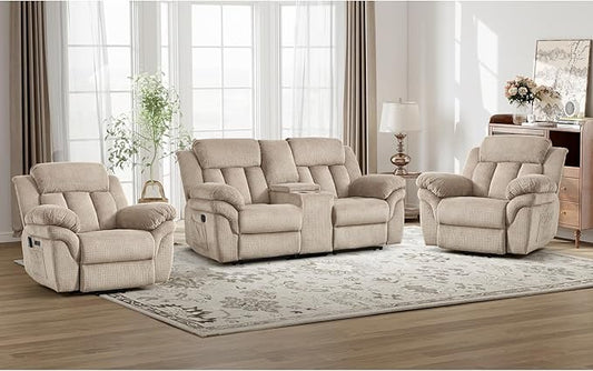 CANMOV Recliner Sofa Set,2 Oversize Power Lift Recliner Chair and Manual Loveseat with Overstuffed Armrest for Living Room,Bedroom Furniture,Office,1+1+2 Seat Light Brown