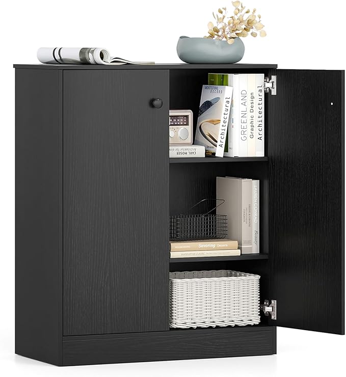 Giantex 2 Door Storage Base Cabinet - Freestanding Floor Cabinet with 3-Tier Shelf, Non-Slip Foot Pads, Kitchen Cupboard Storage Organizer for Living Room, Hallway, Entryway, Office (Black)