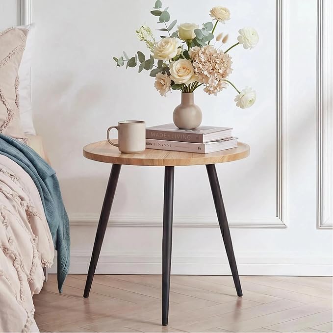 VECELO Modern Side Table, Round Small End Table, Exclusively Designed Hand-Crafted Small Nightstand, Solid Wood,Natural top with Black Metal Legsfor Bedrooms, Living Rooms and Home Office