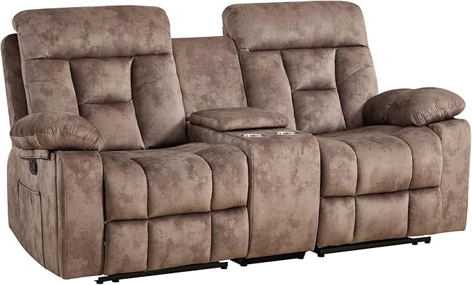 EBELLO Loveseat Recliner Sofa for Living Room, Extra Wide Modern Overstuffed 2 Seat Reclining Manual Sofa Chair, with Hidden Armrest Cup Holders, Breathable Fabric, Brown