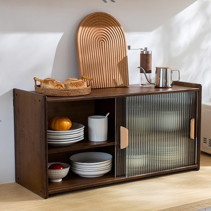 Tiita Small Kitchen Pantry Cabinet, Bamboo Wall Sideboard with Glass Doors, Cupboard Food Pantry Cabinet for Kitchen, Living Room and Dinning Bedroom