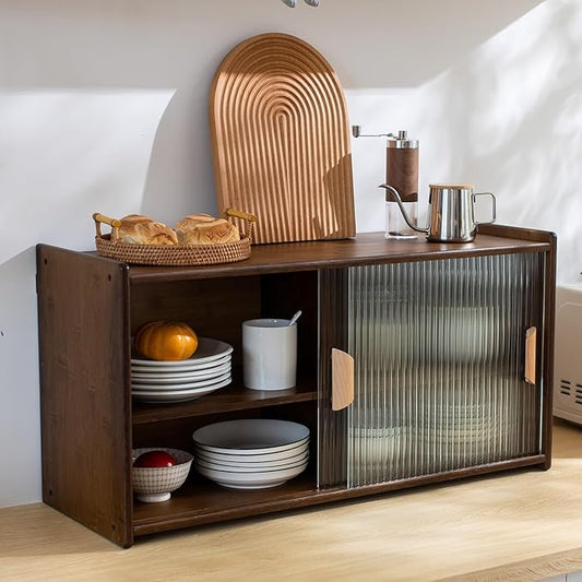 Tiita Small Kitchen Pantry Cabinet, Bamboo Wall Sideboard with Glass Doors, Cupboard Food Pantry Cabinet for Kitchen, Living Room and Dinning Bedroom